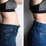 female body before after weight loss diet concept woman is measuring belly legs jeans side view.jpg